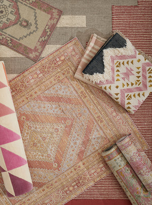 Boho Fabric by the Yard, Ikat Inspired Vertically Arranged Print Squares  and Stripes, Decorative Upholstery Fabric for Sofas and Home Accents, Pink